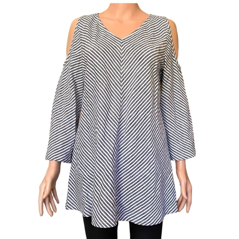 Soft Surroundings Landfall Cold Shoulder Striped Tunic Top Linen Blend Small